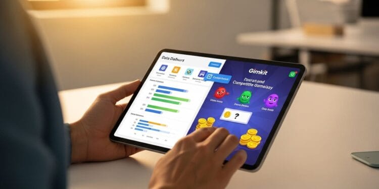 A smart, futuristic Gimkit game screen showing individualized question paths and a personalized mastery map on a tablet, symbolizing the proposed 'Adaptive Learning Path' feature idea.