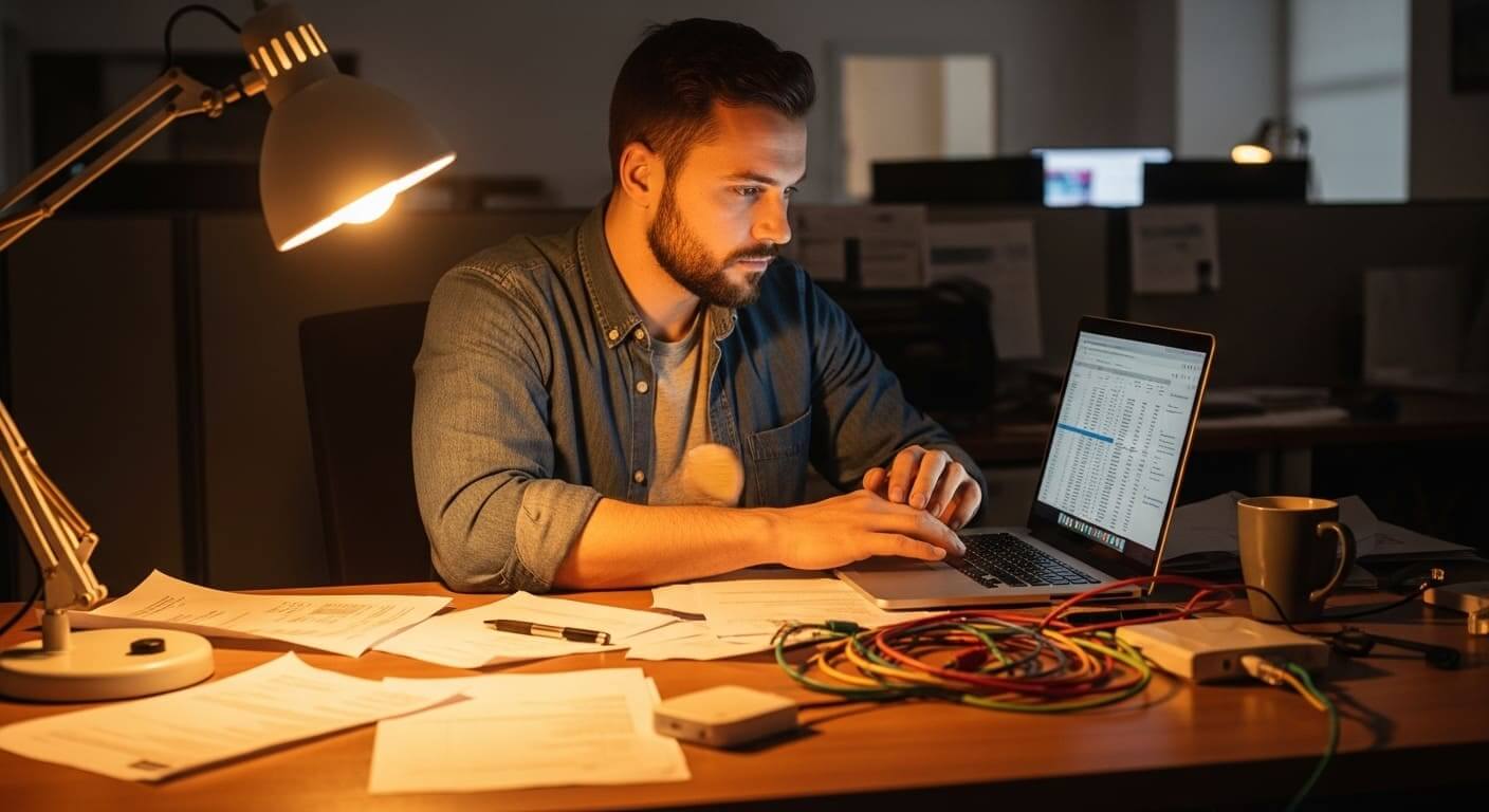 IT manager calculating Wi-Fi costs with laptop, invoices, and spare access point on the desk.