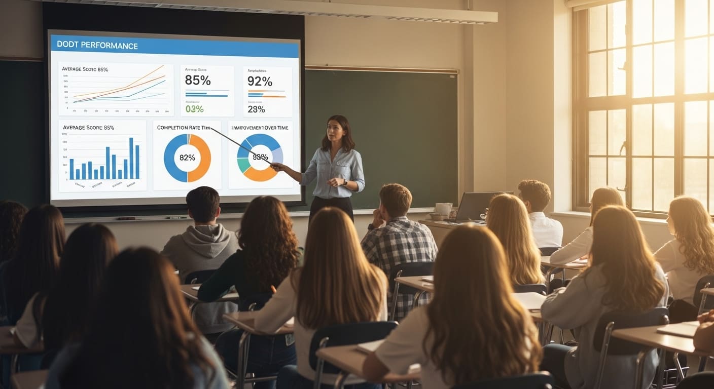 Teacher showing students Gimkit dashboard report to review most-missed questions for learning.
