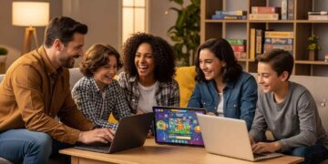 A diverse family (parents, two kids 8-14) gathered around a table in a cozy living room, laughing and engaging with laptops/tablets. A Gimkit game screen is subtly visible on one device, showing vibrant, game-like graphics. The room is warmly lit, with board games stacked in the background, symbolizing the shift from traditional games to digital learning fun. Realistic, high-quality photograph, 1200x628.