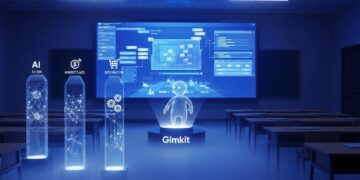 A holographic projection of a futuristic classroom with glowing educational icons, symbolizing Gimkit's 2025-2026 roadmap. A teacher in the foreground points towards three distinct digital pillars labeled 'AI Personalization,' 'Creator Marketplace,' and 'LMS Integration,' set against a backdrop of a glowing, energetic game screen. High-tech, photo-realistic style, wide aspect ratio.