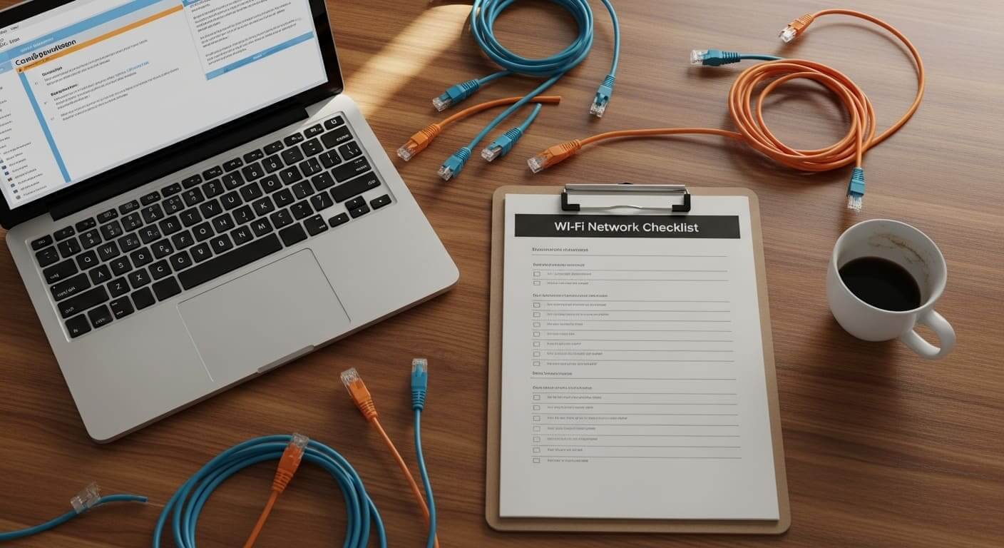 Printed Wi-Fi deployment checklist on clipboard with laptop and patch cables on desk.