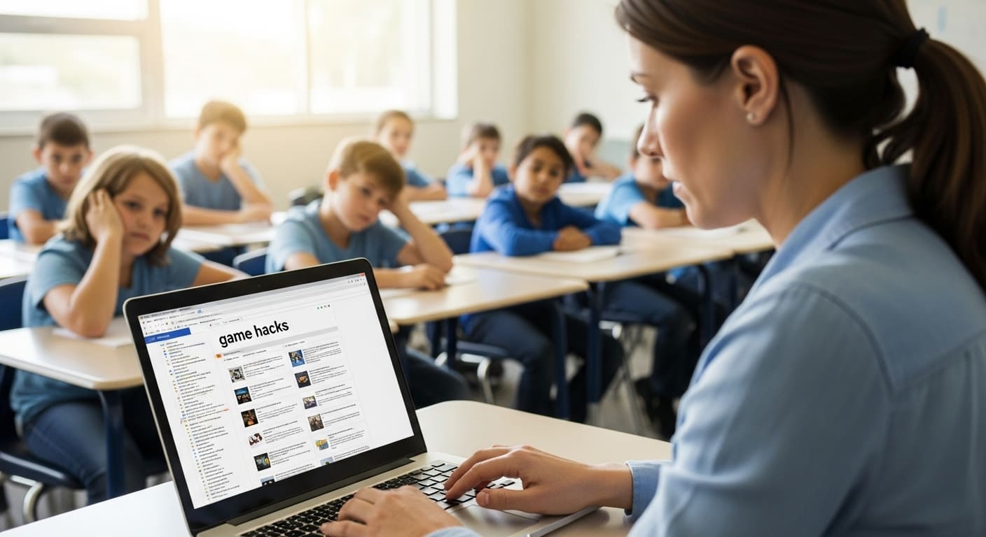 Teacher distracted searching Gimkit hacks and cheats instead of focusing on effective teaching methods.