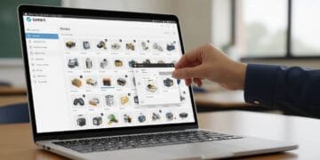 A close-up, dynamic, eye-level shot of a teacher's laptop screen. On the screen, the Gimkit dashboard shows dozens of disorganized, scattered kits. A hand is reaching into the frame, dragging a kit icon into a well-organized, color-coded digital folder. In the background, the rest of the classroom is blurred, focusing the viewer on the digital organization task. The image conveys the transition from digital chaos to order and efficiency.