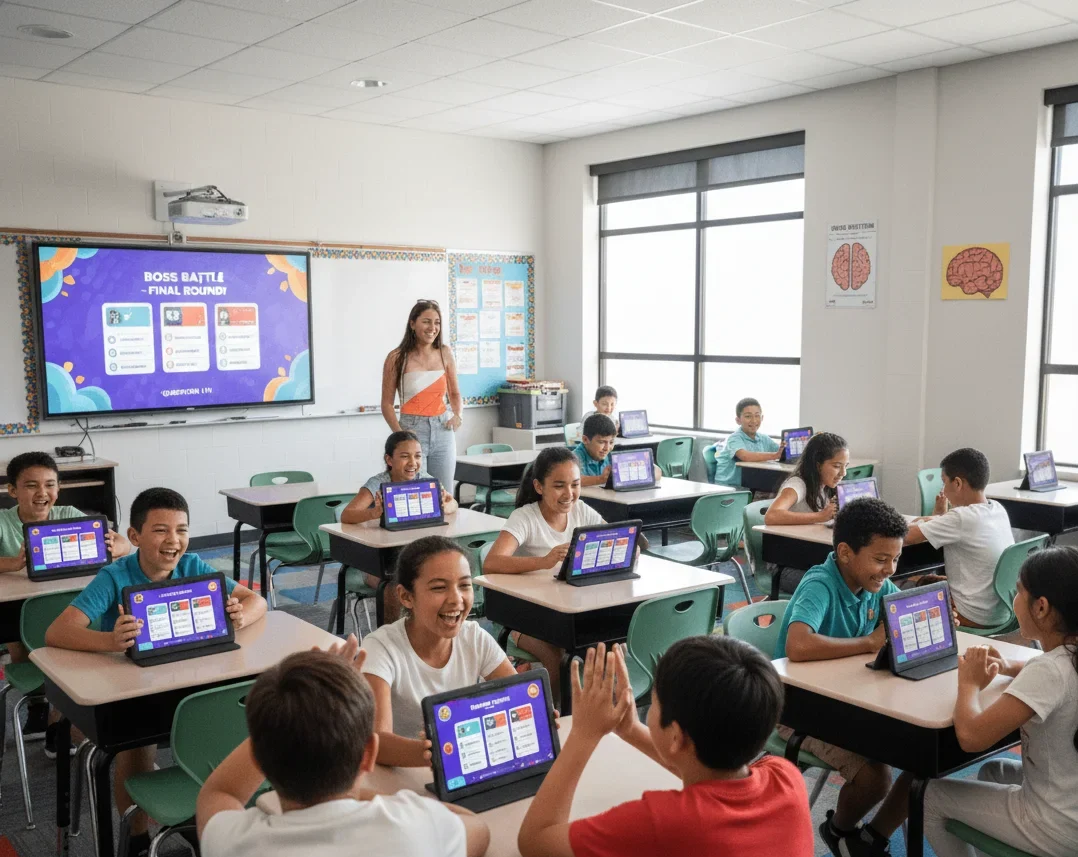 Amelia Bree wearing glasses on her head and a white and orange top, smiles in a vibrant classroom. Students are actively engaged in a game on their devices, reflecting the positive and interactive learning environment of a Gimkit Classic Mode session.