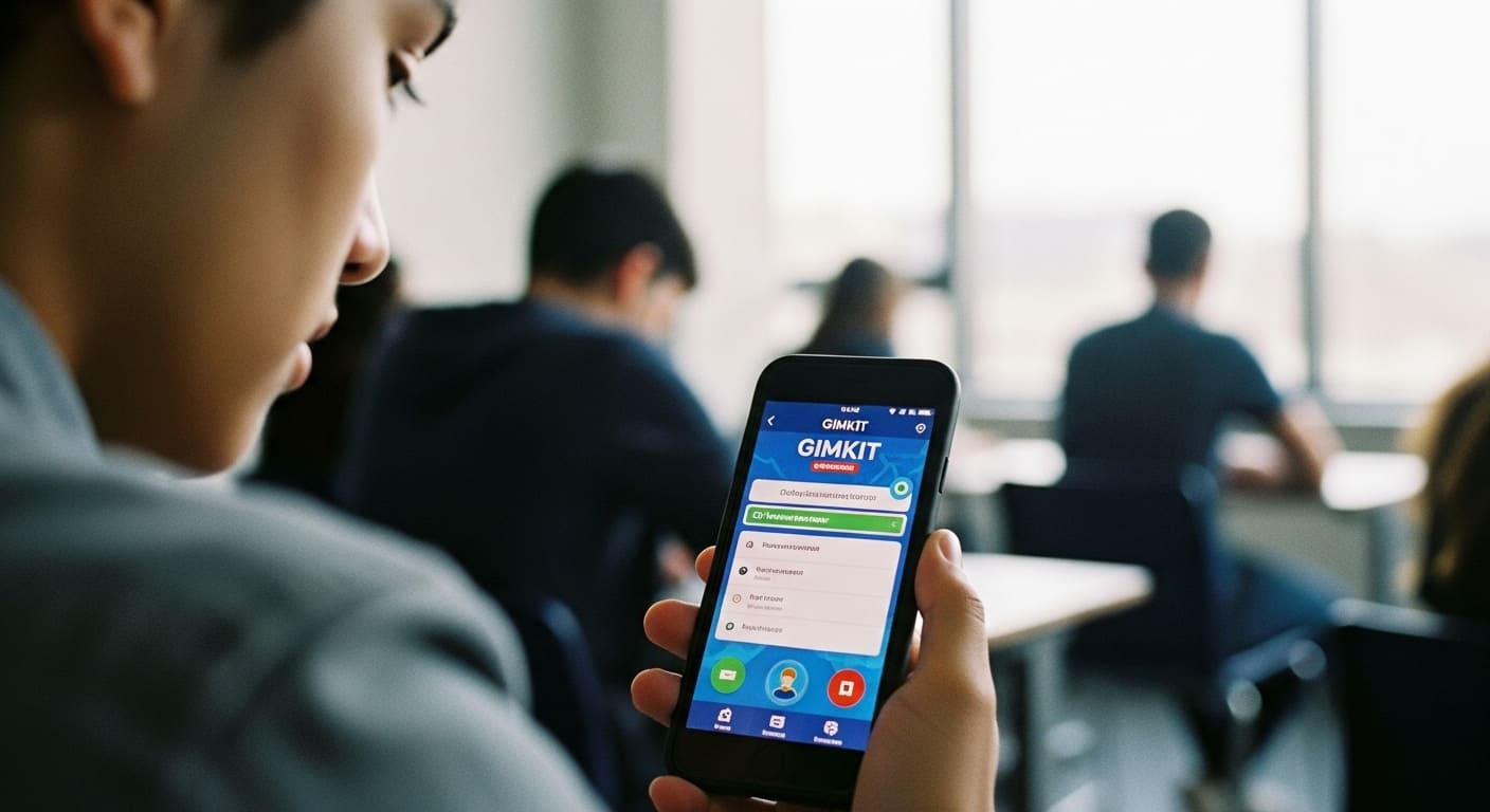 “A student using the Gimkit mobile app on a smartphone, showing a clean quiz interface with bright UI elements, symbolizing mobile learning convenience.”