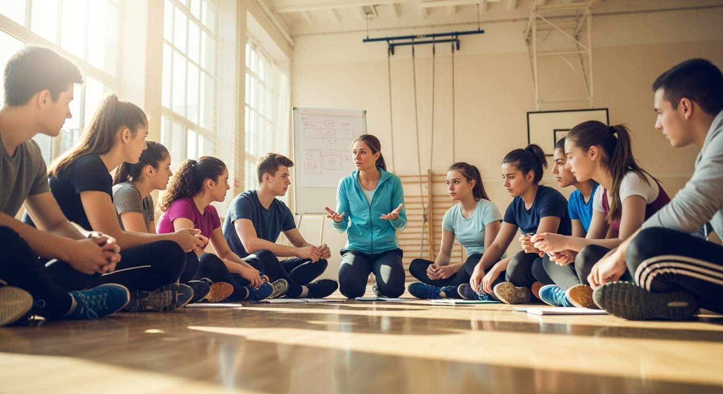 Students reflecting and discussing strategies during a physical education class, showing the mental aspect of sports.