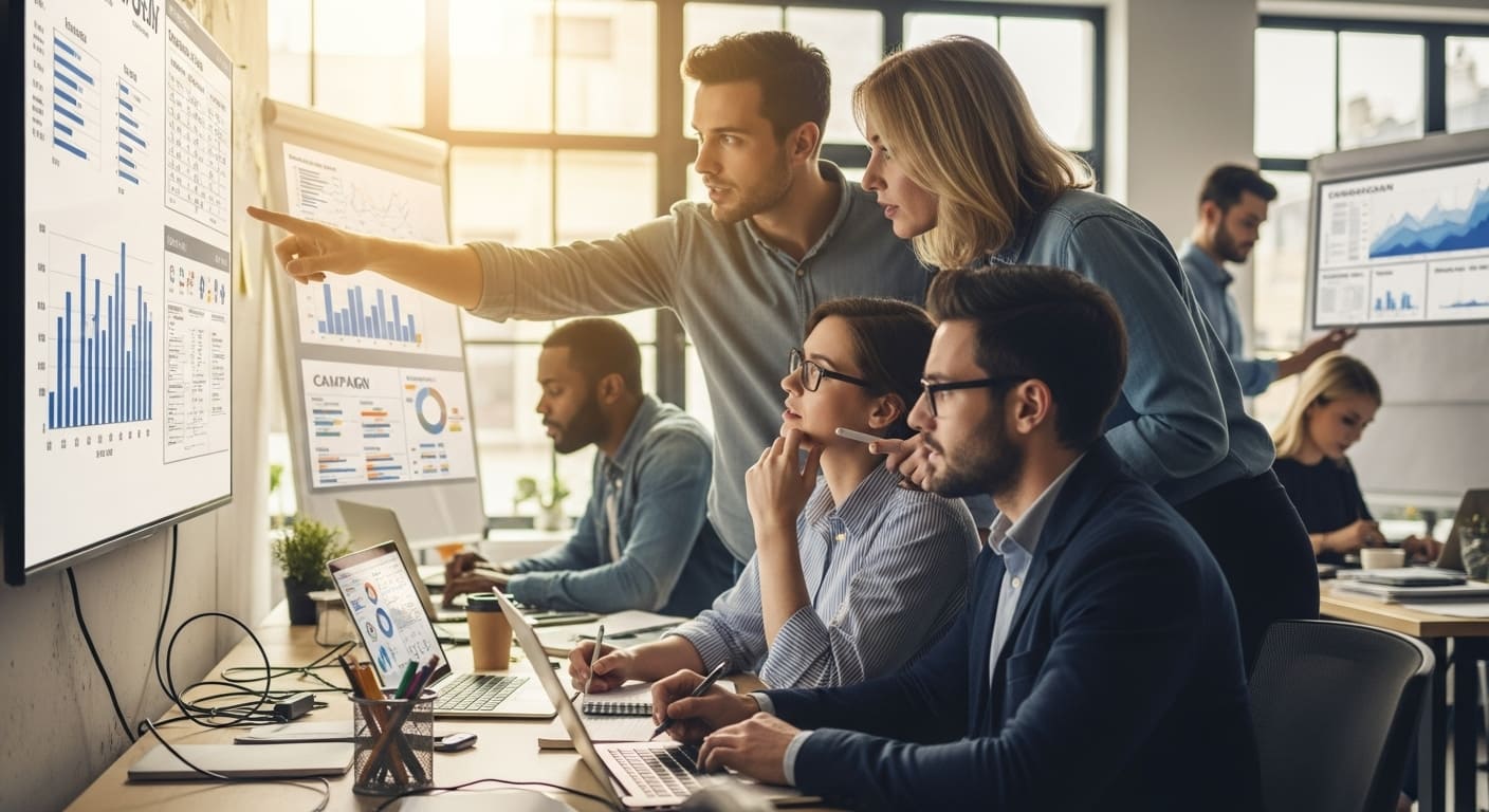 Marketing team analyzing e-commerce PPC strategy with data charts and competitor insights on a laptop during a business meeting.
