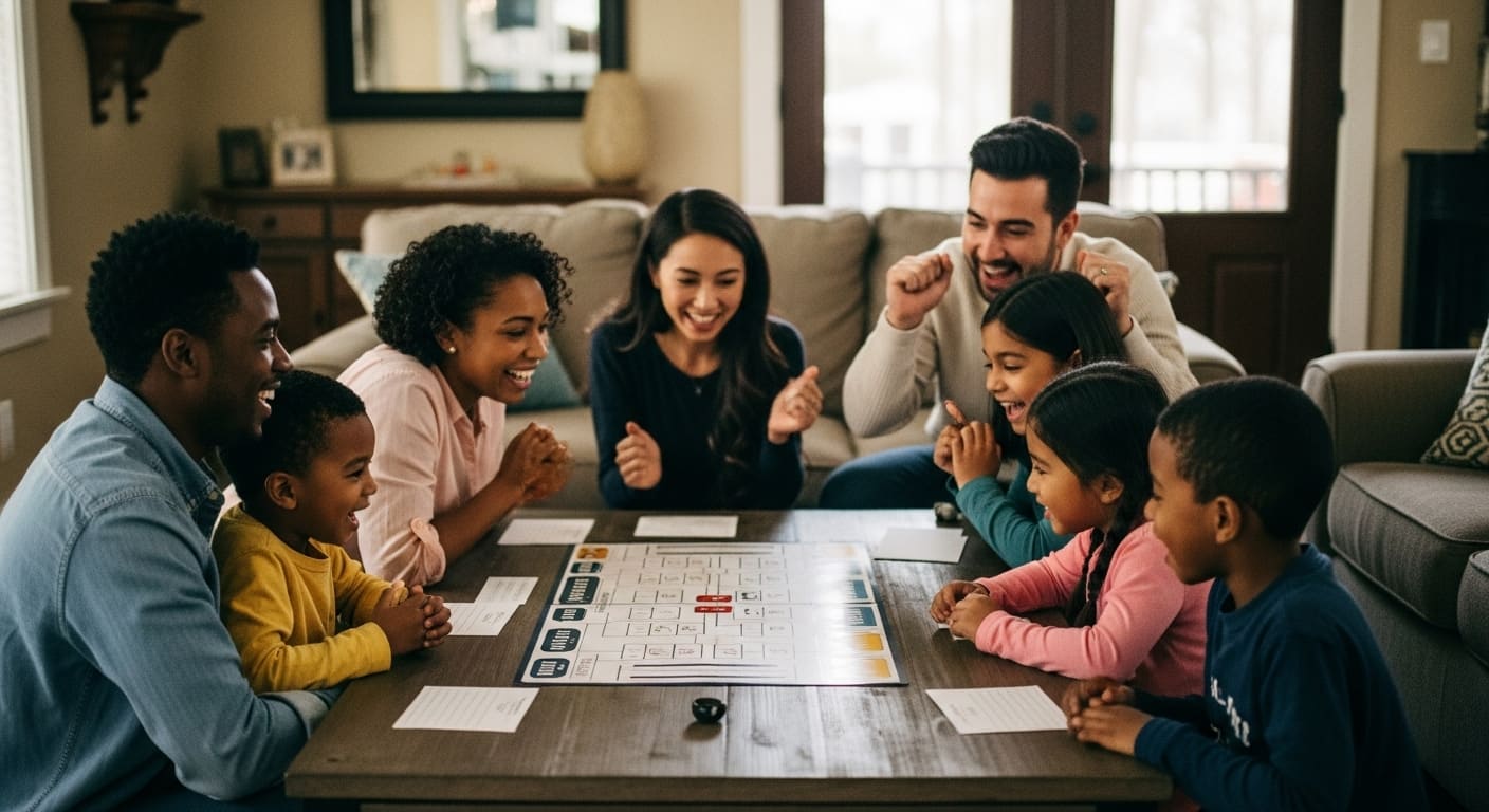 A joyful family split into two teams playing a cooperative trivia game together in the living room, smiling and high-fiving.