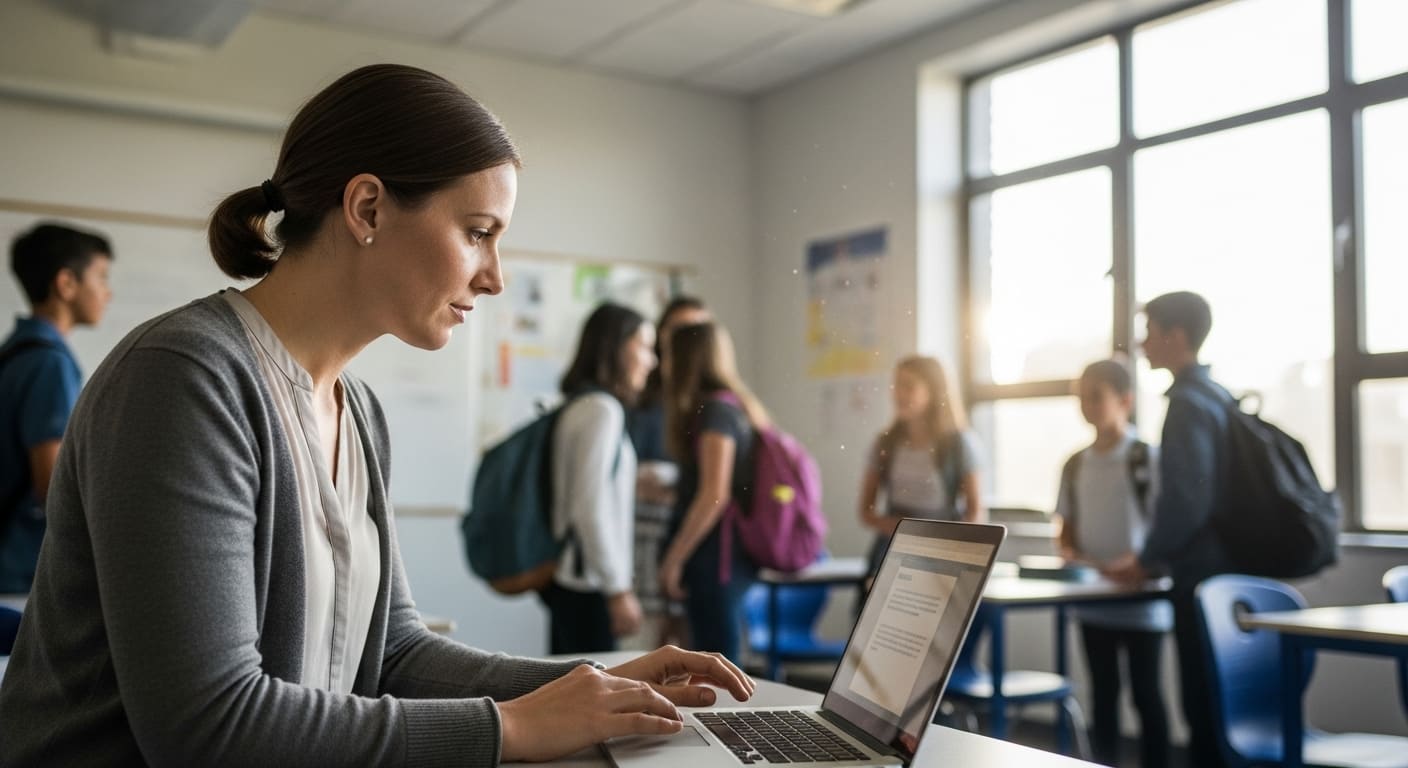Teacher glancing at laptop before class, reviewing digital quiz platform comparison.