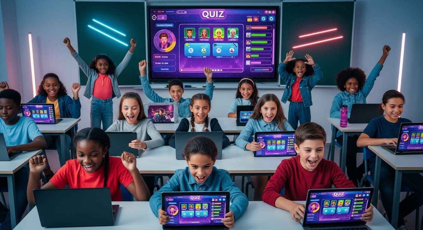 Students enthusiastically playing an interactive Gimkit quiz game in a modern classroom setting, showcasing gamified learning.