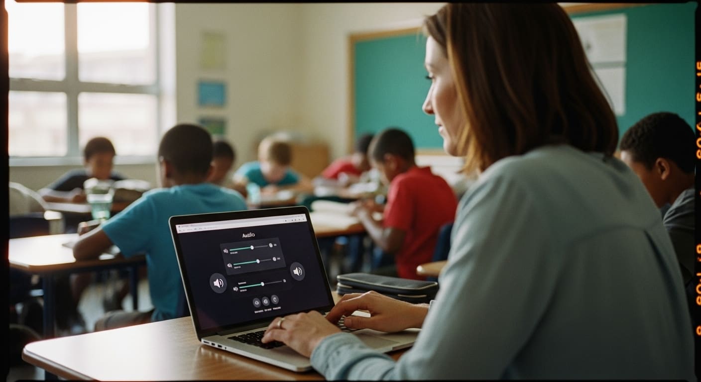 Teacher checking laptop audio settings before troubleshooting Gimkit sound issue in classroom