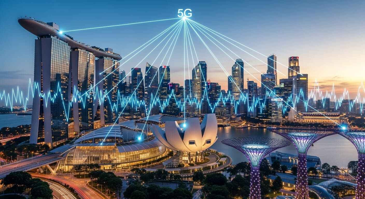 A modern cityscape of Singapore at night showcasing 5G towers and digital network lines symbolizing the Smart Nation framework and VR gaming innovation