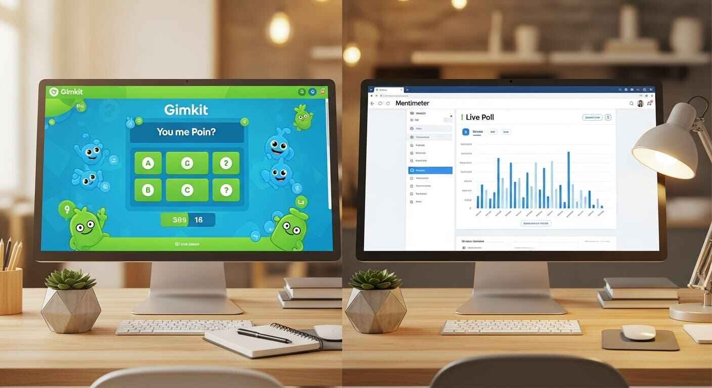 Visual comparison of Gimkit and Mentimeter’s interfaces highlighting differences in content creation tools.