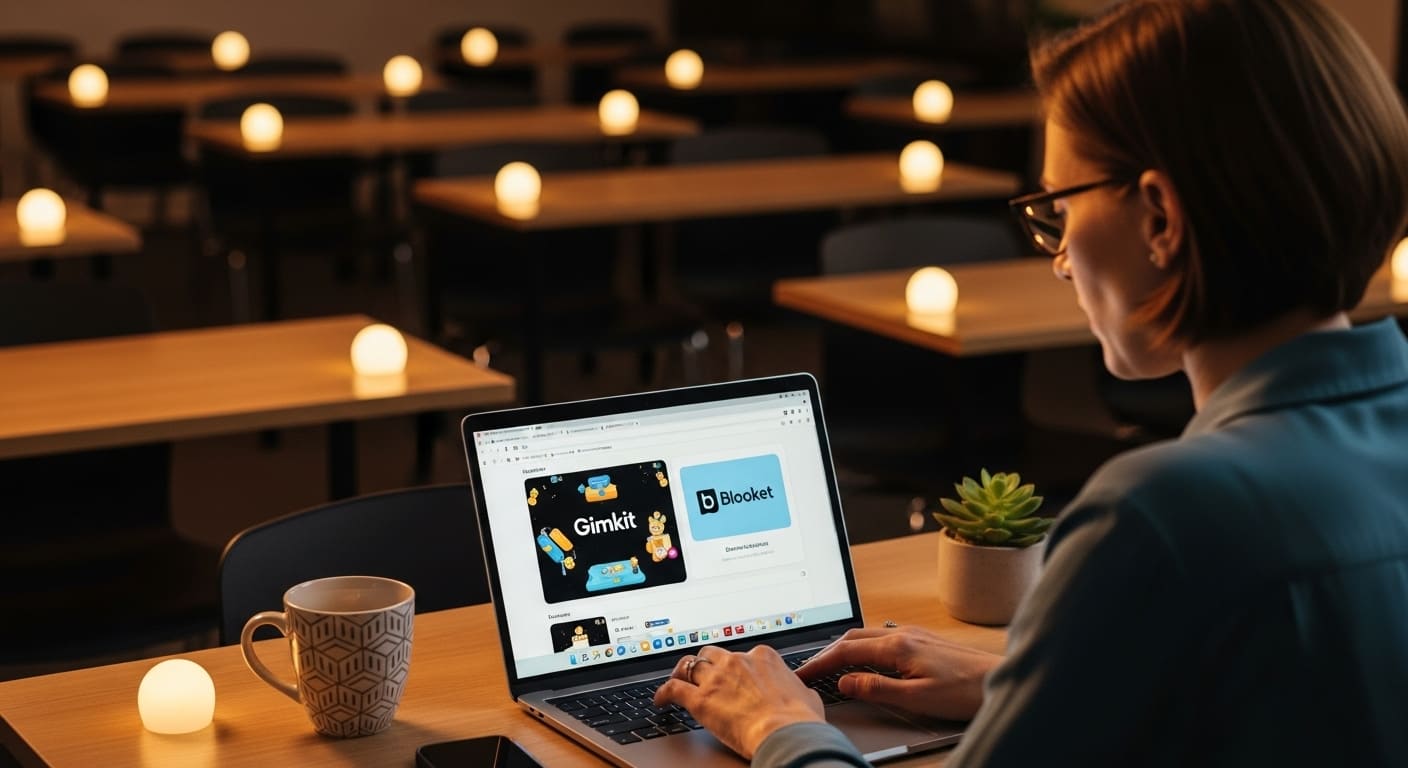 Teacher switching from Gimkit to Booket platform as an alternative during online class.