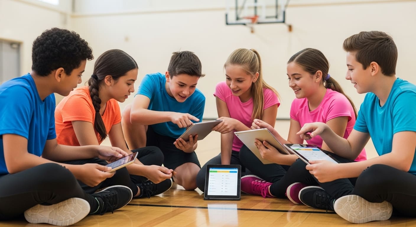 Middle school students collaborating in a gym during a Gimkit-based quiz challenge.