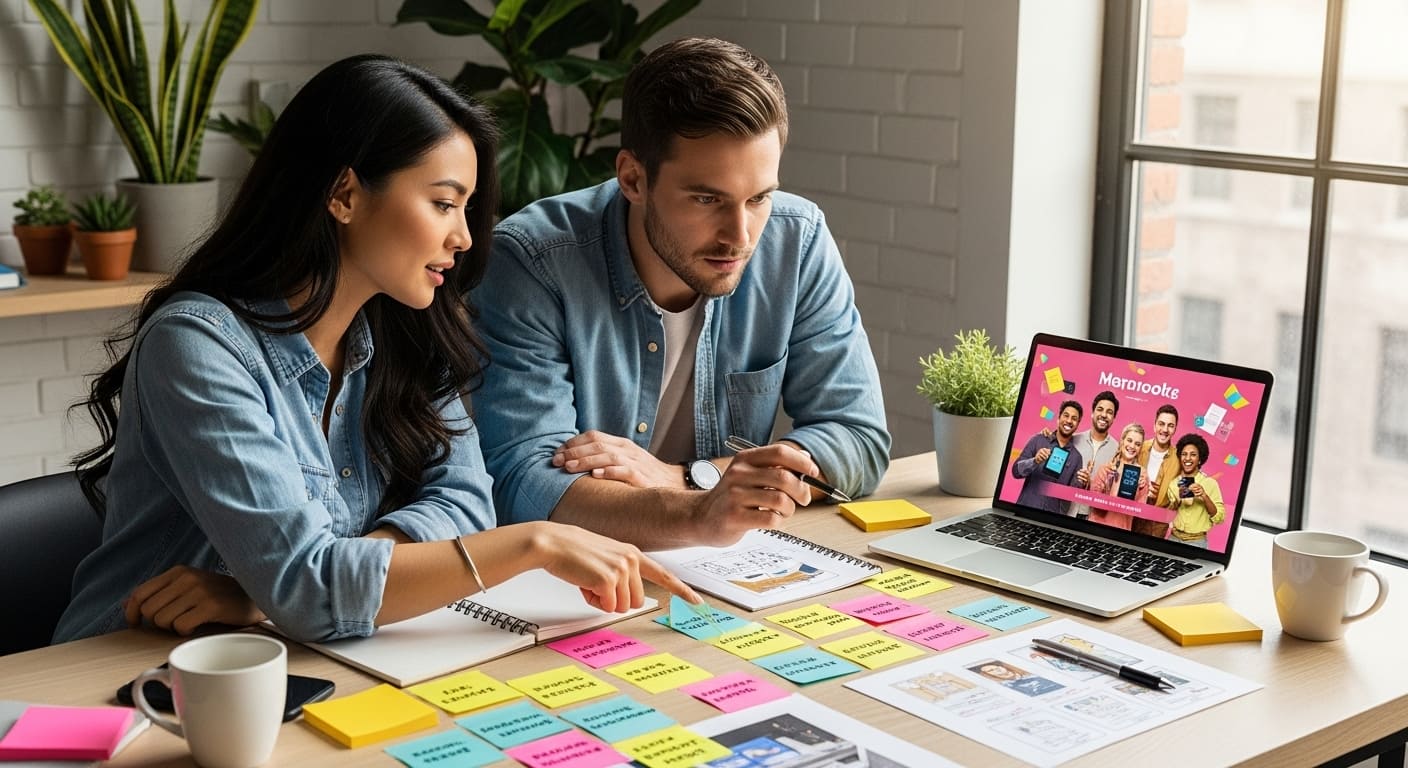 Creative designer and copywriter collaborating on PPC ad visuals and persuasive copy for e-commerce campaigns.