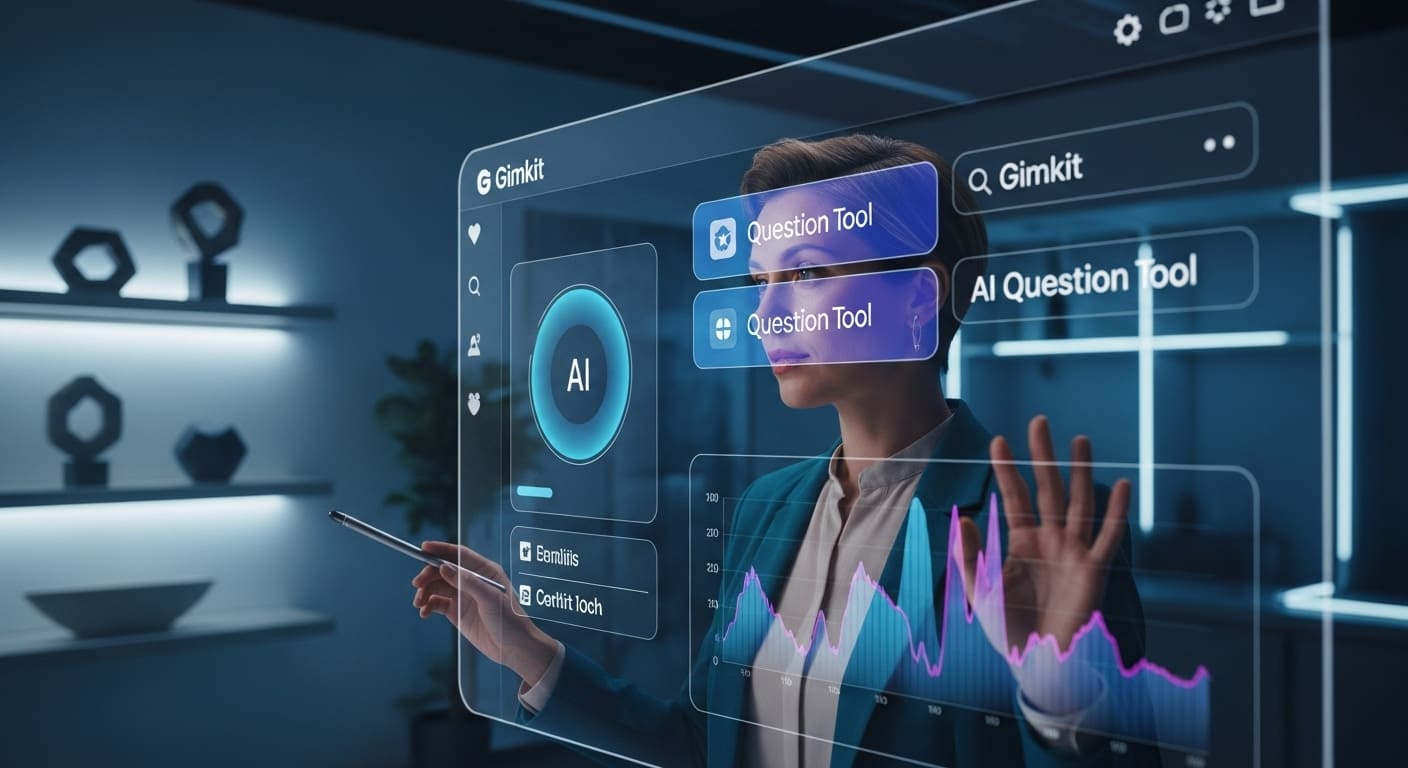 Teacher exploring Gimkit’s new AI features on digital dashboard