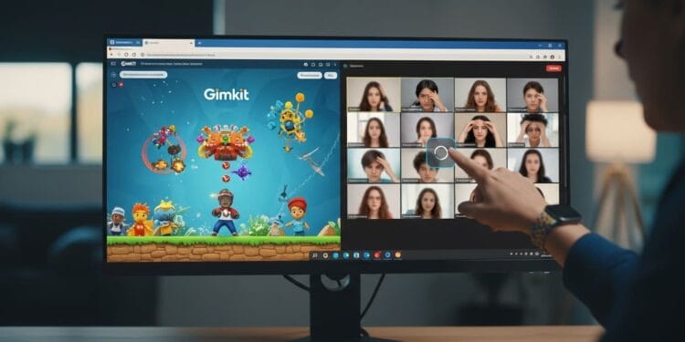 Photo of a teacher pointing at a laptop screen with a split view of a Gimkit game and a Zoom meeting, illustrating common Gimkit screen sharing issues like lag and black screen in a virtual classroom setting.