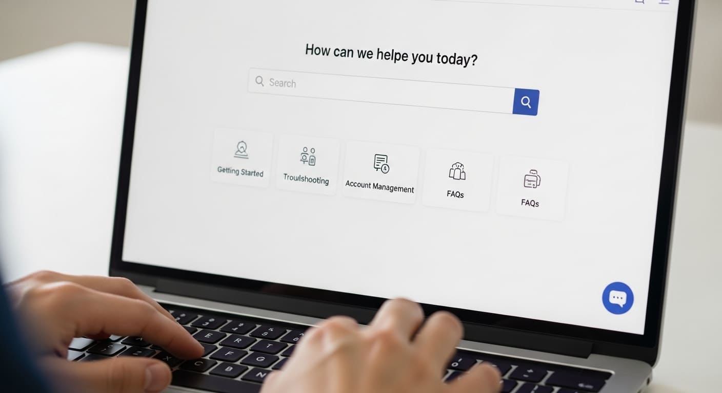 “A user browsing the official Gimkit Help Center on their laptop, searching for troubleshooting guides.”