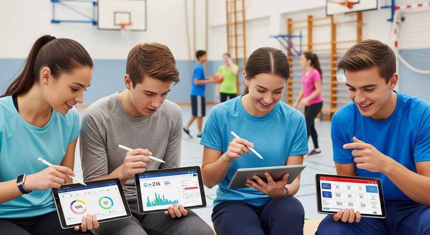 High school students using technology to plan fitness goals and track performance.