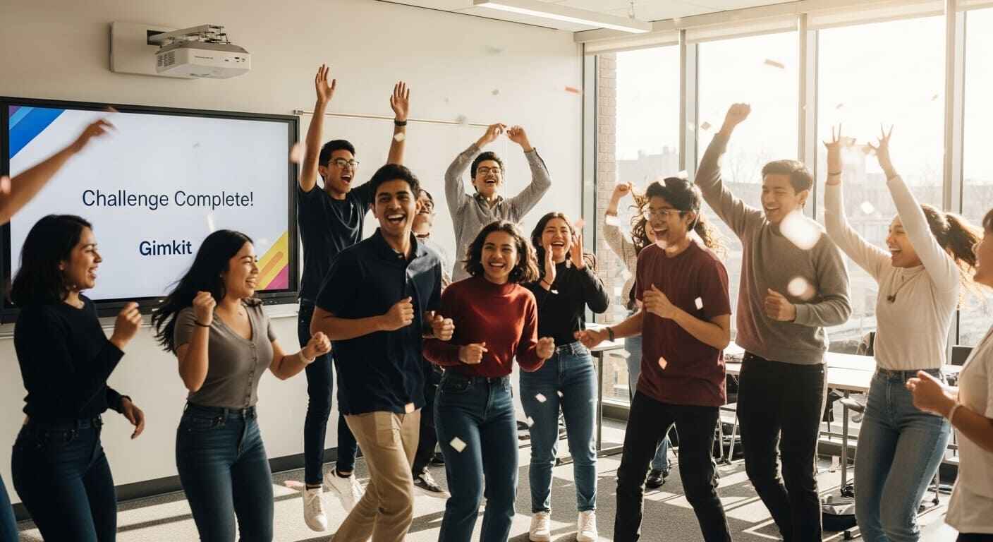 Students celebrating classroom success using Gimkit’s gamified learning activities.