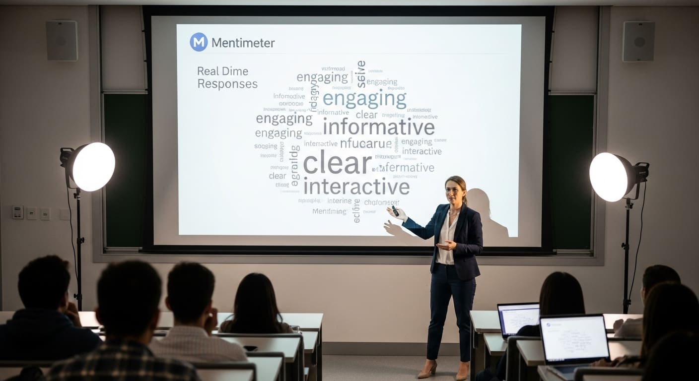 Lecturer engaging students using Mentimeter for real-time audience participation in a college class.