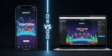 Photo-realistic split image of a sleek smartphone on the left showing the Gimkit mobile app interface and a modern laptop on the right showing the Gimkit browser interface, separated by a neon digital line. Focuses on 'Gimkit Mobile App vs Browser' comparison.