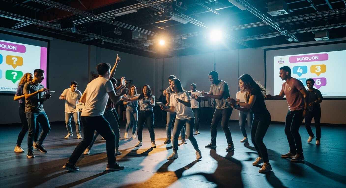 Students running between quiz stations during a movement-based Gimkit activity.