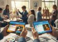 A vibrant, photo-realistic image depicting a modern art classroom where students are engaged with tablets, seamlessly integrated with traditional art supplies like paintbrushes, canvases, and clay. The scene subtly blends digital and physical art learning.