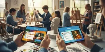 A vibrant, photo-realistic image depicting a modern art classroom where students are engaged with tablets, seamlessly integrated with traditional art supplies like paintbrushes, canvases, and clay. The scene subtly blends digital and physical art learning.