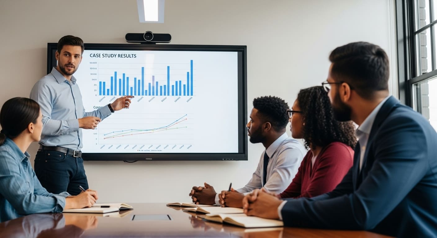 Marketing professionals presenting e-commerce PPC case study results to clients in meeting room.