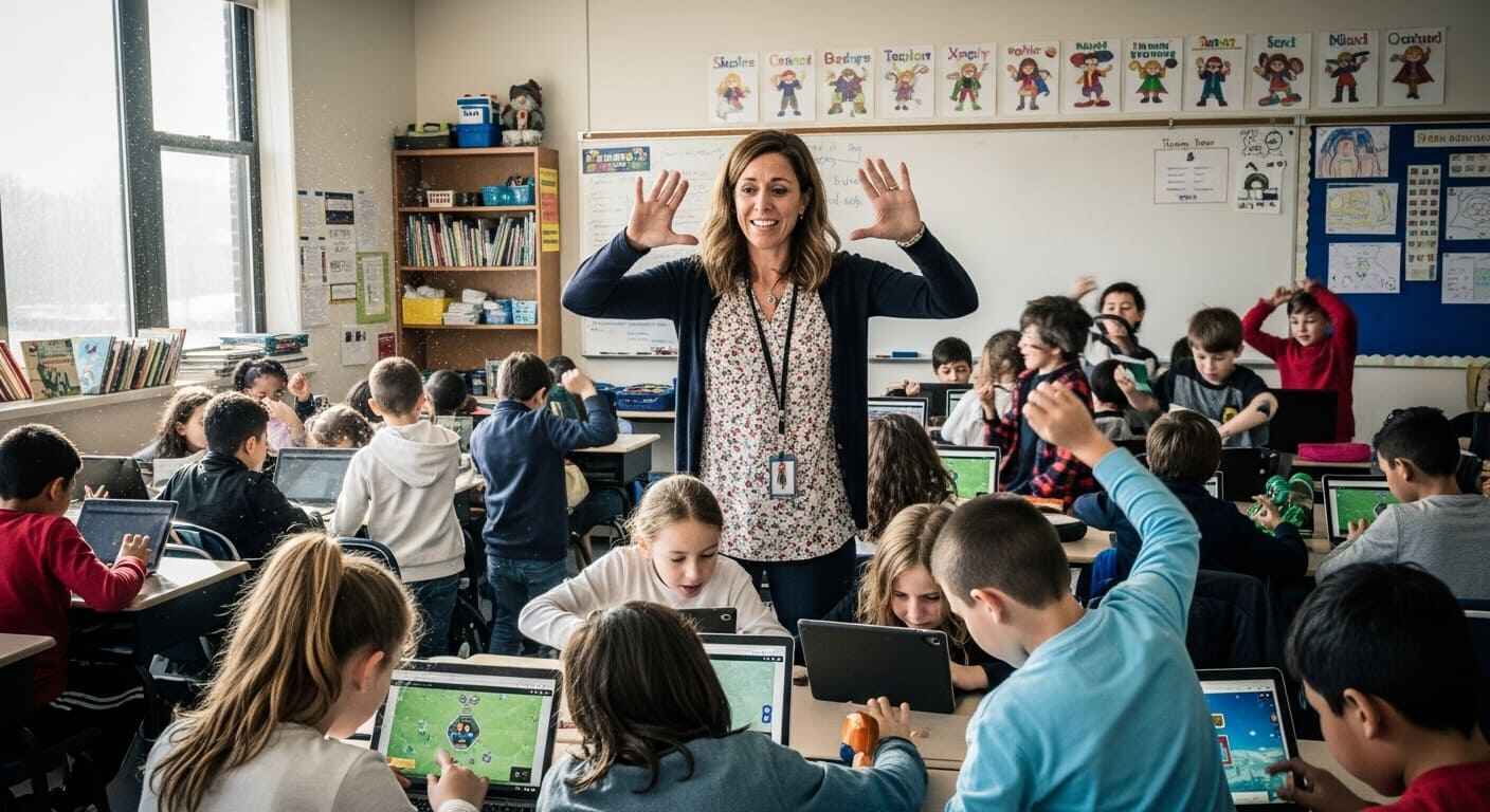 eacher managing a lively classroom during a Gimkit game