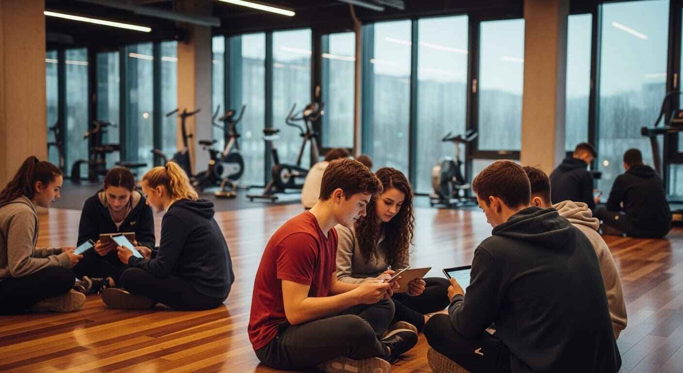 Students participating in indoor fitness games using Gimkit on tablets during rainy weather.
