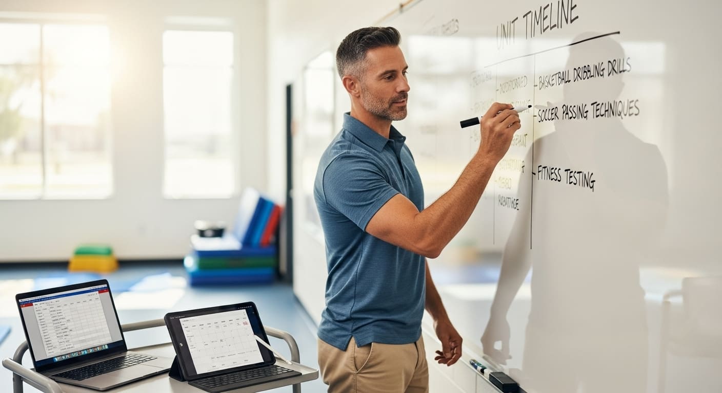 Teacher marking lesson plans and timelines on a whiteboard for Gimkit integration.
