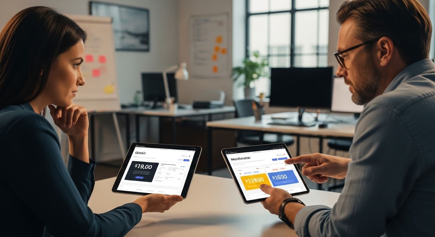 Educators comparing Gimkit’s budget-friendly pricing with Mentimeter’s professional plans.