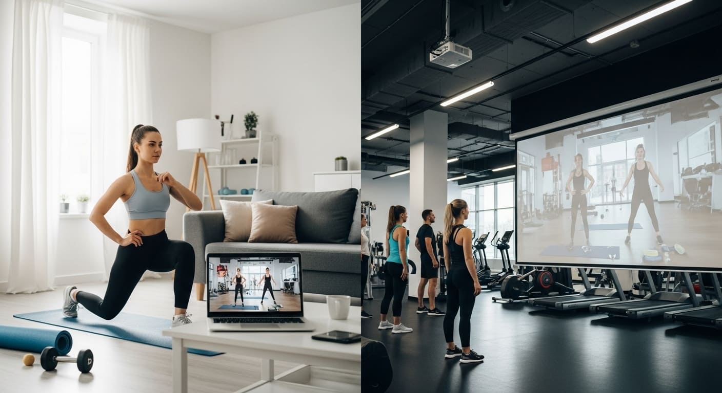 Student participating in an online PE class from home while teacher leads gym activity.