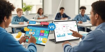 A vibrant, split image showing the contrast between game-based learning and precise assessment, featuring elements of Gimkit and Socrative side-by-side on digital screens, with a diverse group of engaged students and a teacher in a modern classroom background.