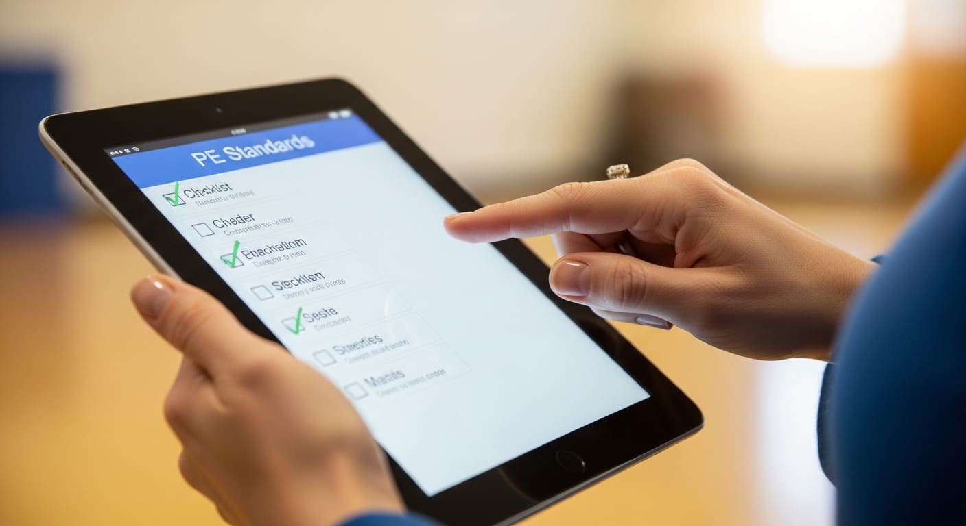 Teacher reviewing SHAPE America PE standards checklist with digital curriculum plan.