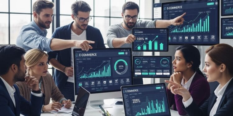 Photo-realistic image of a diverse team analyzing e-commerce PPC campaign data on multiple screens, showing growth charts and shopping cart icons, symbolizing strategic ad management for online sales.