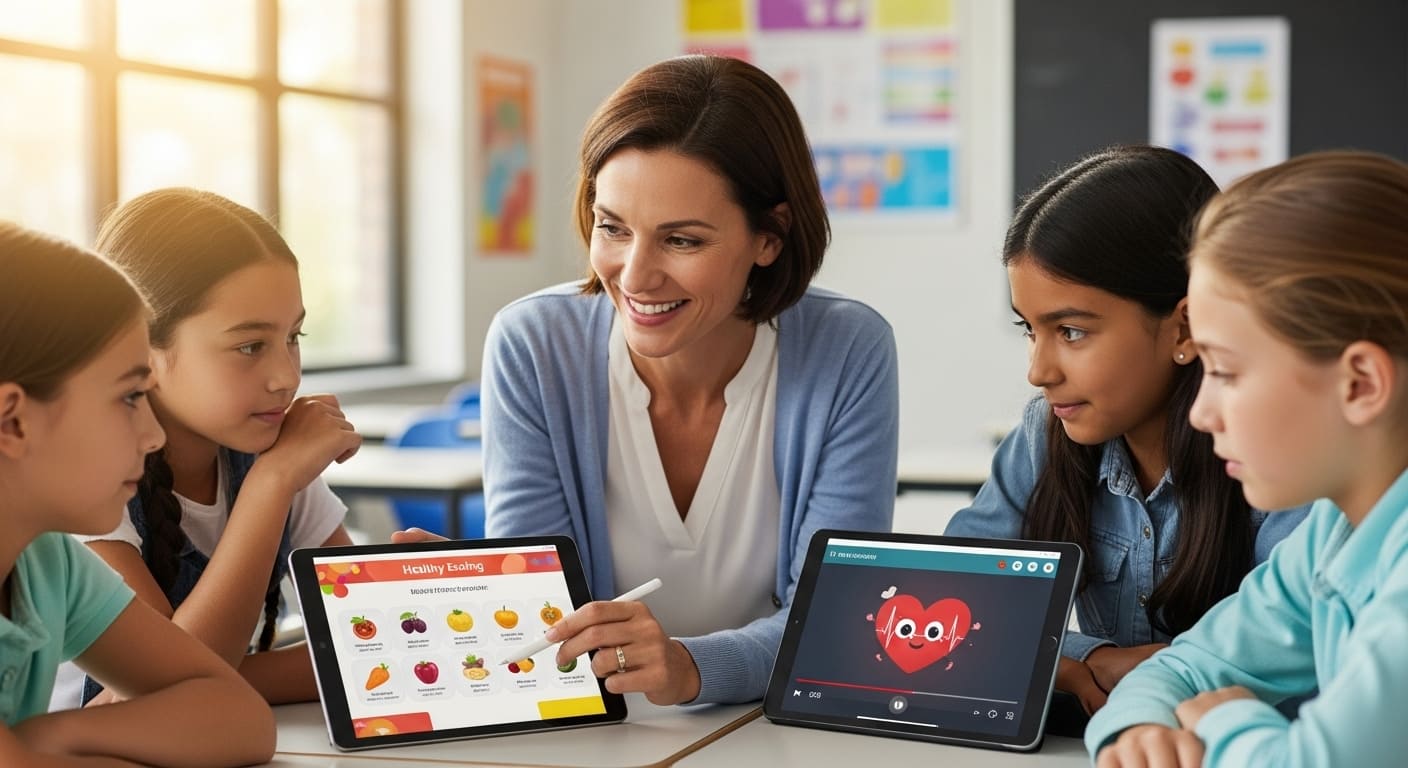 Teacher reviewing health education goals with students in classroom setting.