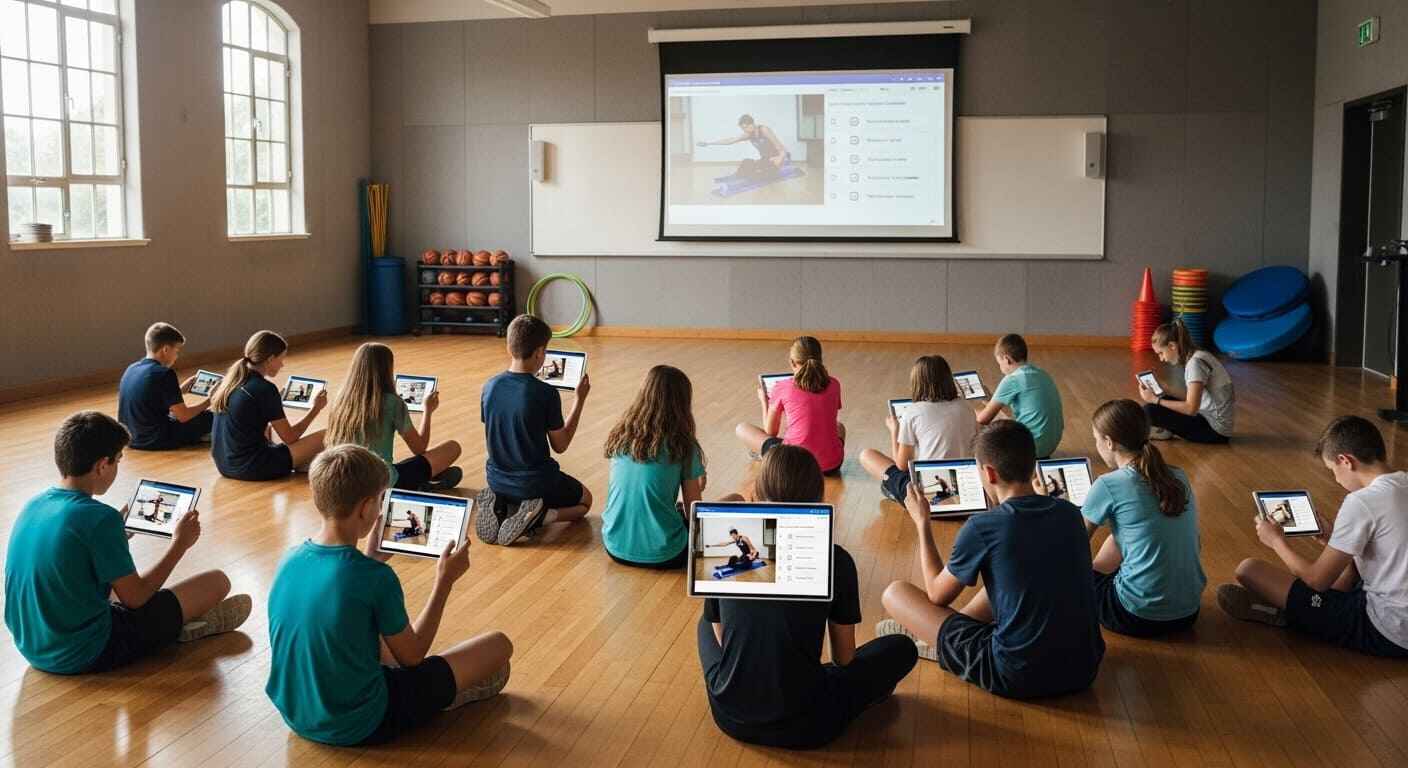 Students watching educational PE videos and playing Gimkit quizzes on tablets.