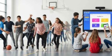 A vibrant, dynamic image of a diverse group of students actively engaged in a modern physical education setting. Some are participating in a sport (e.g., basketball or soccer) on one side, while others are interacting with tablets or smartboards on the other, displaying engaging quiz content. The setting is a brightly lit, contemporary gym or open space, emphasizing the integration of physical activity with digital learning tools. The overall mood is energetic, inclusive, and forward-thinking, capturing the essence of Gimkit transforming PE and health education.