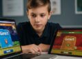 Close-up, high-quality image of a young student (preteen, wearing glasses) successfully using a laptop to play a game with vibrant, clear color contrast, next to another screen showing the same game with distorted colors. Focus on the feeling of relief and accessibility. Photo-realistic, cinematic lighting.
