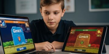 Close-up, high-quality image of a young student (preteen, wearing glasses) successfully using a laptop to play a game with vibrant, clear color contrast, next to another screen showing the same game with distorted colors. Focus on the feeling of relief and accessibility. Photo-realistic, cinematic lighting.