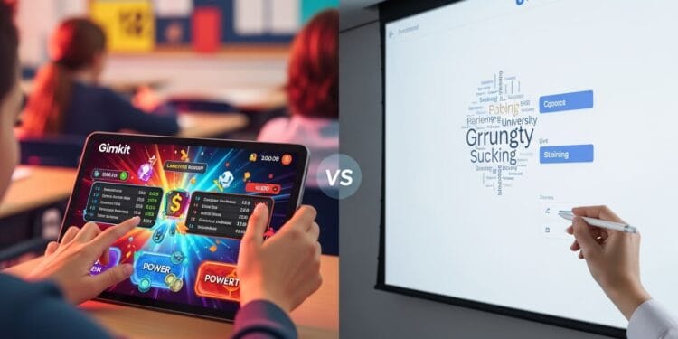 Side-by-side comparison of Gimkit and Mentimeter interfaces representing gamified vs professional interactive learning technology 2025.