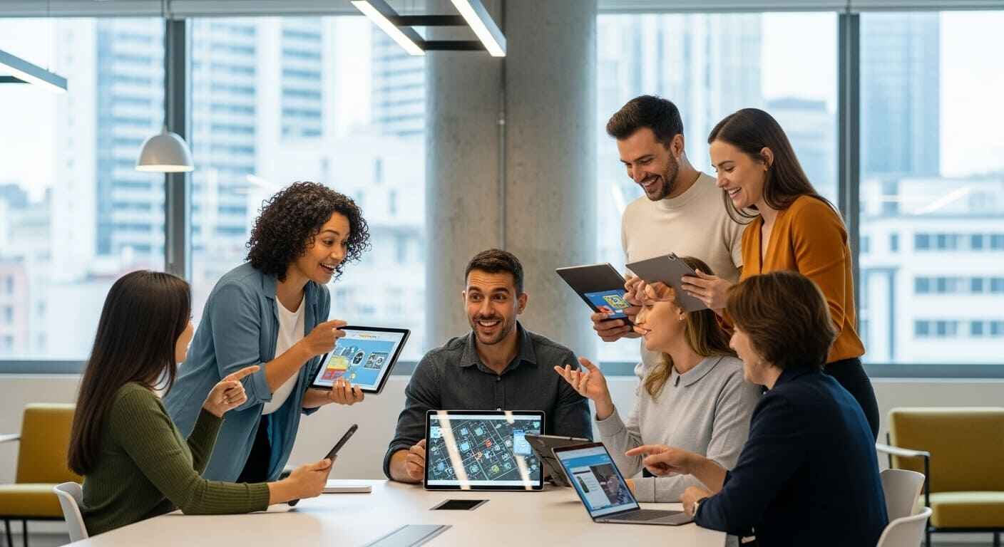 Employees engaged in an interactive scavenger hunt game using tablets and laptops for workplace learning