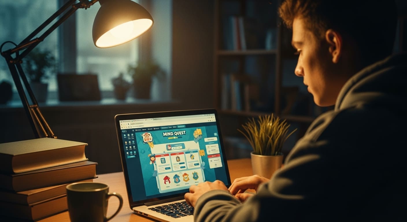 “A person accessing Gimkit through a web browser on a laptop, typing on a keyboard with a browser window open to an educational game dashboard.”