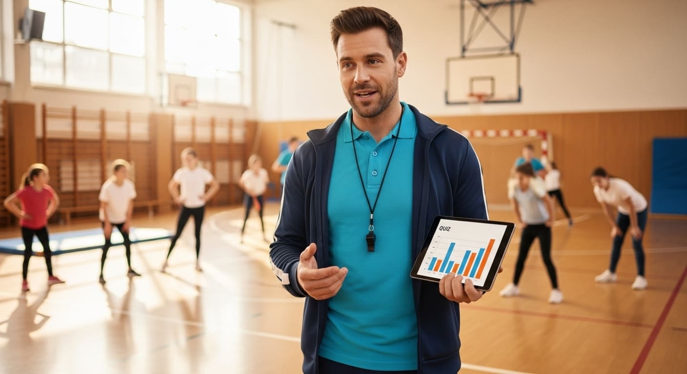 PE teacher using a laptop or tablet to manage class quizzes and activities digitally through Gimkit.