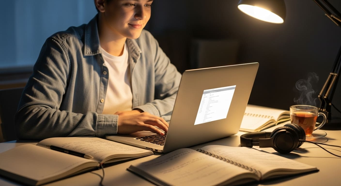High school student smiling while completing interactive homework on a laptop using Gimkit at home.